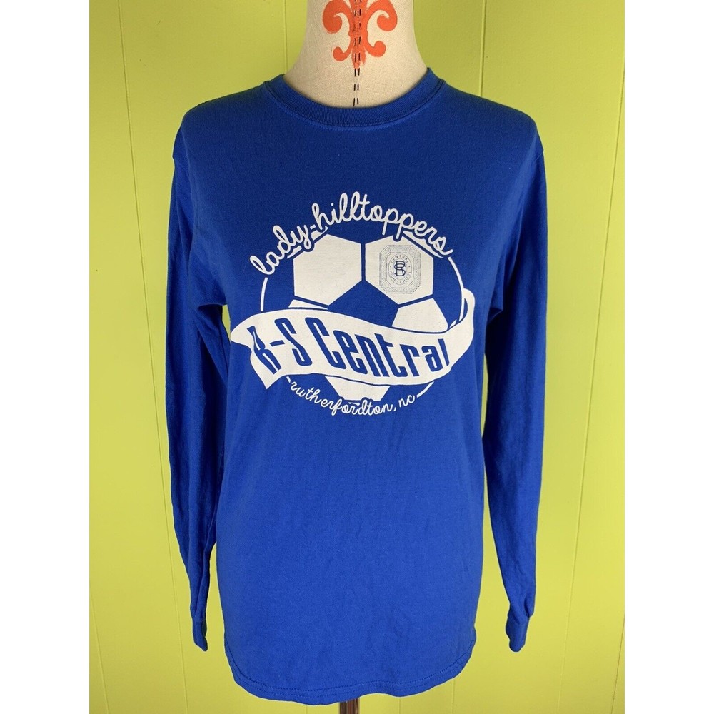 Gildan Heavy Cotton Long Sleeve Blue T-Shirt Size S Small Graphic Print